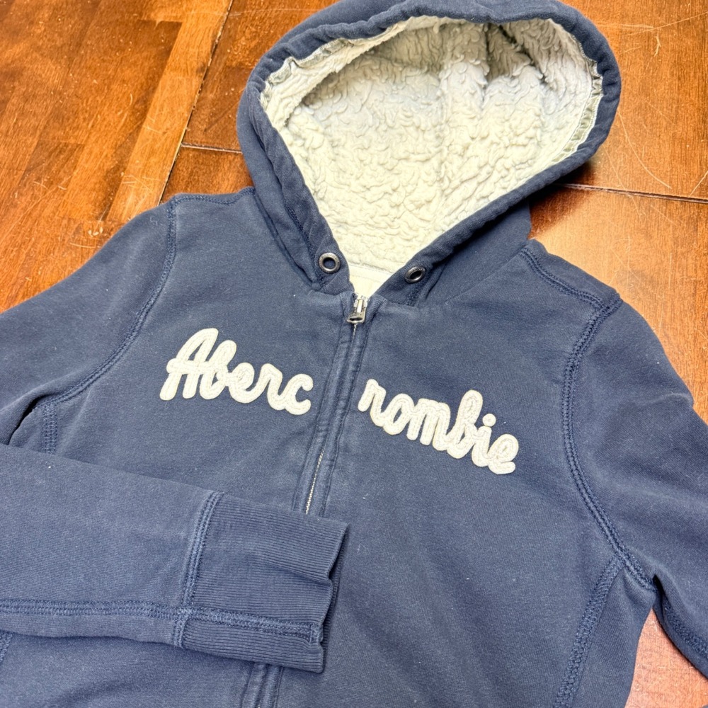 VTG Abercrombie & Fitch Zip Hoodie Womens S Navy Blue Sherpa Lined Applique Logo